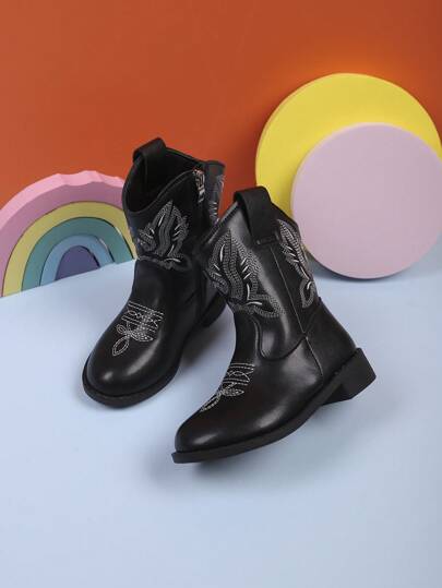 1 par de botas vaqueras de moda casual para niños, botas retro de media pantorrilla bordadas para niños en otoño/invierno, botas cortas de pierna gruesa con corte en V para niños