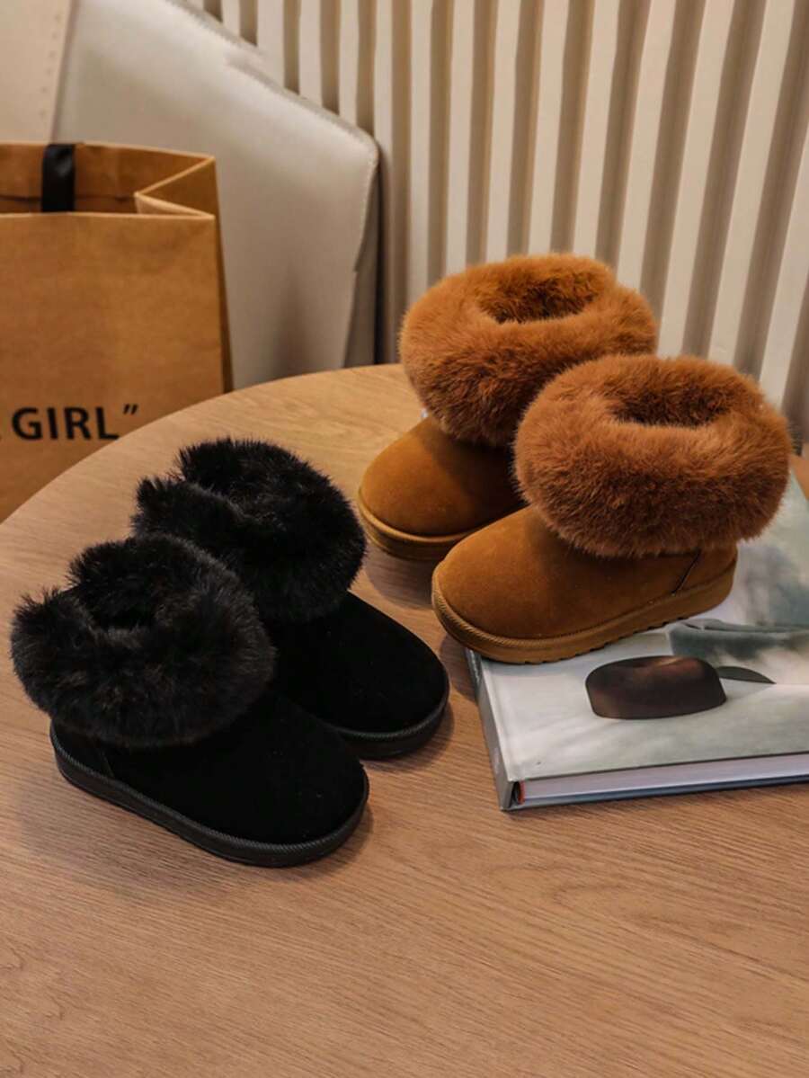 1双儿童软底防滑保暖内衬简约时尚圆头踝靴，休闲百搭冬季雪地靴 - 米色 - 查看 1