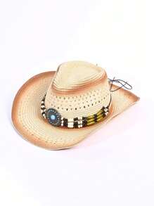 1 pieza Sombrero de paja para mujer con adorno de cadena de circonia, efecto degradado y hueco, Sombrero tipo Panamá tejido, Sombrero unisex para la playa, vacaciones y uso casual, adecuado para primavera/verano