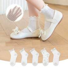 5 perechi de șosete subțiri pentru fete, asortate, primăvară/vară, șosete pentru copii cu volane, șosete scurte din plasă albe pentru bebeluși, vară