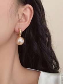 1 Pair Copper Alloy Faux Pearl Fashion Hoop Earrings, Versatile For Commuting & Daily Wear - Coffee Brown - View 5