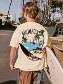 Teen Boy Loose Plus Size Beach Print Graphic Tees For Girl Short Sleeve Tshirts,Teen Boy's Summer Tops Crewneck Shirt Blouse,Suitable For School, Vacation And Shopping Outfits