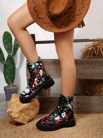 Dammode Blommigt tryck Rund tå Snörning Sidodragkedja Grov klack Halvhöga Stövlar, Sportig Punk Stil Lämplig För Utomhus, Hem, Festivaler, Höst/Vinter Nytt Mjukt PU-material Mångsidig Bekväma Platta/Höga Klackar Slumpmässigt Blommönster