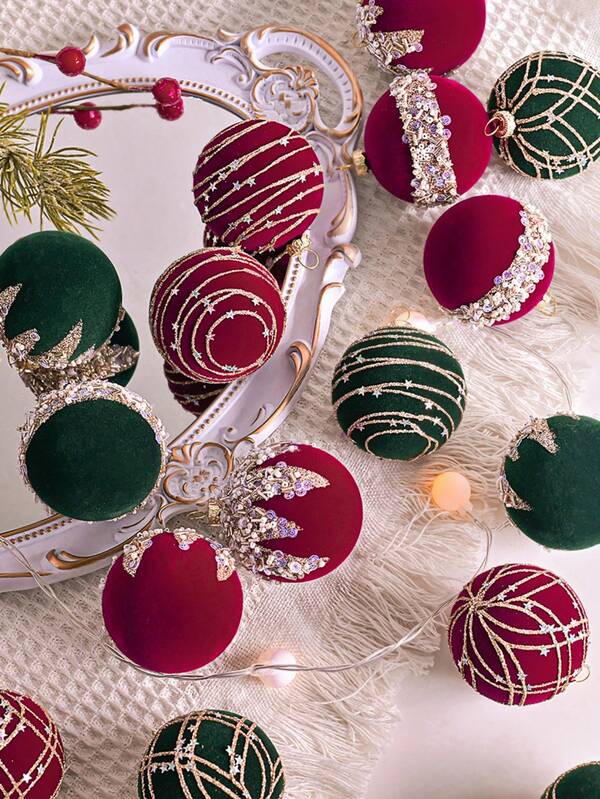 12pcs Luxury Christmas Ornament Balls, Red & Green Velvet With Sequins, Festive Tree Hanging Decor