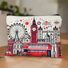 1pc, London Travel Gift Makeup Bag, London City Themed Cosmetic Storage Pouch, Beauty Accessory Kit, Portable Toiletries Organizer, Ideal For Travel, Vacation, Business, Fitness, And Outdoor Activities - Multicolor - View 2