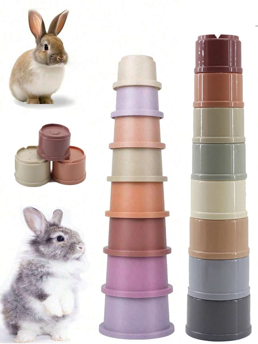 8-Piece Stacking Cups Toy For Rabbits And Hamsters, Mixed Color Plastic Nesting Cups, Cognitive And Sensory Stacking Cups Set, Rabbit Snack Cup, Hamster Toy, Intelligence Toy, Rabbit Snack Cup, Playing Intelligence Toy