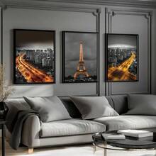 Kit 3 Quadros Cidade Iluminada dourada– Quadro Ideal para Sala de Estar, Escritório, - Branco - Visão 3