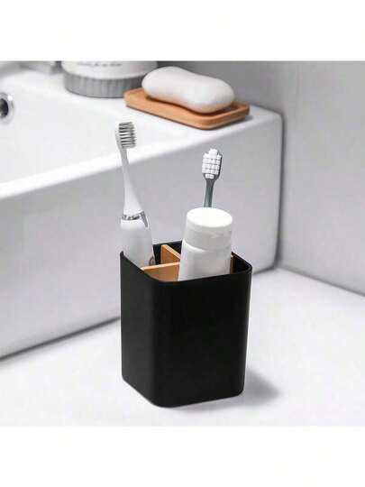 1 Bathroom Bamboo Toothbrush Holder, 3 Slots Toothbrush And Toothpaste Holder, Bathroom Counter Electric Toothbrush, Dental Floss, Shaver Storage - Easy To Clean And Store, No Installation Required, Adding Natural Atmosphere To Your Bathroom Decoration! (Black, White)