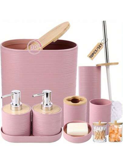 10pcs Classic Bathroom Set, White Bathroom Accessories Set With Trash Can, 2PCS Soap Dispensers, Soap Dish, Toothbrush Holder, Toothbrush Cup,Toilet Brush, Tray And Qtip Holders For Bathroom Decor
