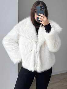 人造皮草外套，女士秋季外套，皮草大衣，女式大衣，白色，黑色，酒红色，灰色，米色，红色外套，皮草上衣，蓬松外套 - 白色 - 查看 7