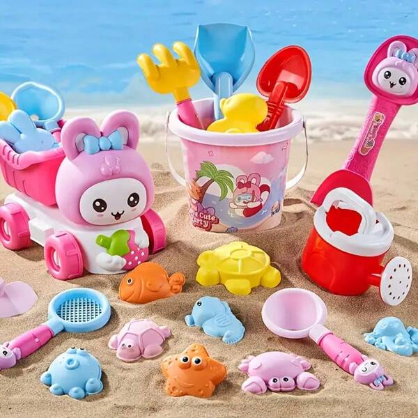 14PCS Pink Rabbit Beach Toy Set, Sand Play And Water Bucket Shovel Beach Tools, Baby Summer Toys, Essential Beach Toys, Gift For Children(Accessories Color Random)
