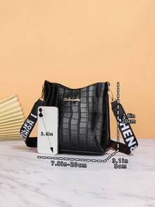 1pc Alligator Pattern Bucket Bag, Wide Strap Crossbody Bag, Mini Diagonal Shoulder Handbag Wallet For Women, Daily, Date, Travel - Black - View 4