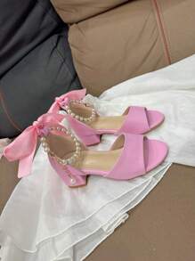 Sandalias de niña con cadena de perlas y lazo, estilo básico y elegante para niñas pequeñas en verano