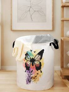 1pc Cartoon Butterfly Pattern Foldable Large Capacity Round Storage Basket With Handle, Multi-Purpose Storage Basket For Nursery, Baby Diaper, Clothes, Accessories, Collapsible Storage Box - Multicolor - View 14