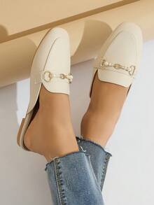 Women's Classic Round Toe Flat Shoes, Spring/Autumn Slip-On Casual Mary Jane Shoes With Buckle & Rhinestones, Comfortable & Elegant Mule Loafers In Apricot Color - لون مشمشي - مشاهدة 3