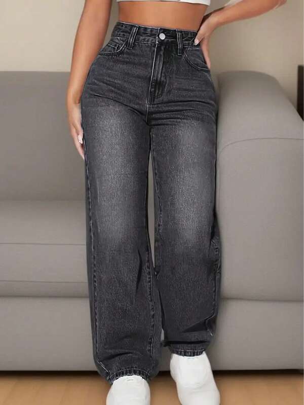 Loose Straight Leg Casual Jeans For Teen Girl, Slim Straight Leg Jeans