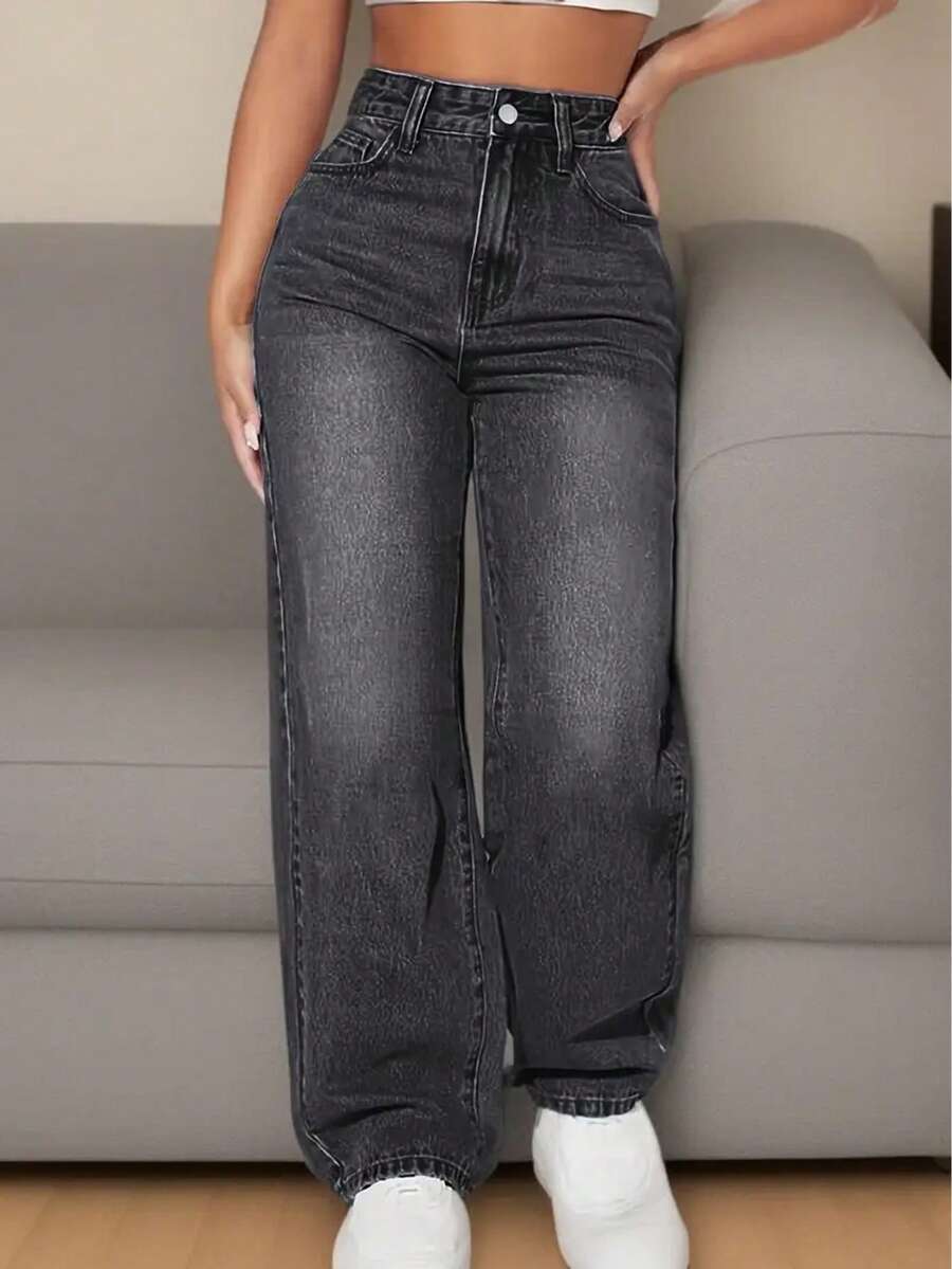 Jeans casuales de pierna recta holgados para adolescentes, jeans de pierna recta delgados - Gris Oscuro - Ver 1
