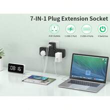 PASSUS This Multi-Functional Power Socket Is Suitable For Home, Kitchen, Office And Travel Use. It Integrates 7 Functions In One, Including 4 British-Standard Sockets With Independent Switches, 1 Power Switch, 2 USB-A Ports, 1 USB-C Port, A Flexible Cable Outlet, And A Wall-Mountable Design. Available In Black And White Colors.