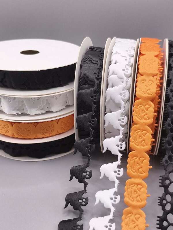 Halloween bedrucktes Schleifenset - Schwarz/Weiß/Orange Geist & Kürbis Muster dekorative Bänder - DIY Party Deko für Geschenkverpackung, Basteln, Heimdekoration - Gruselige Saison Essentiell für Halloween, Herbstpartys - Gruselig-lustige Zubehörteile für Kinder & Erwachsene