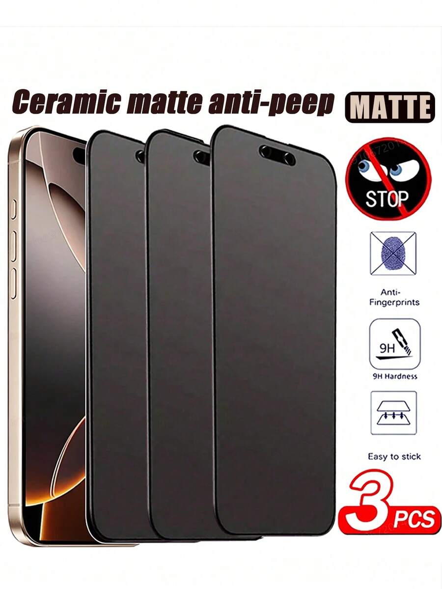 3pcs/Set 9H Matte Privacy Screen Protector Compatible With IPhone 17/16 Pro Max/16/16 Pro/16 Plus/15 Pro Max/15/15 Pro/15 Plus/14 Pro Max/14 Pro/14 Plus/14/13/12/11/XR/X/XS/7/8, Anti-Fingerprint Matte Privacy Screen Protector (6.1 Inch), Full Coverage Matte Screen Protector, Soft Ceramic Matte Privacy Screen Protector, Compatible With Phone Cases