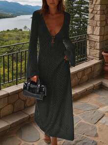 Crocheted V-Neck Backless Ruched Waist Bodycon Dress For Holiday,Women's Fashionable Sexy Long Sleeve Hollow-Out Swimsuit Cover-Up, Boho Minimalist Casual Knitted Sweater Maxi Dress Cover-Up For Beach Vacation,Versatile Look For Spring Summer Fall Season #SeasideVibes #BohemianDress #ElegantBlackOutfits - Black - View 4