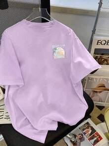 Girls' Casual Minimalist T-Shirt, Beach & Seaside Pattern, Vacation Casual Style, Children's Clothing, Girls' Pullover, Round Neck Short Sleeve, Spring/Summer New Short Sleeve Top - Mauve Purple - View 4