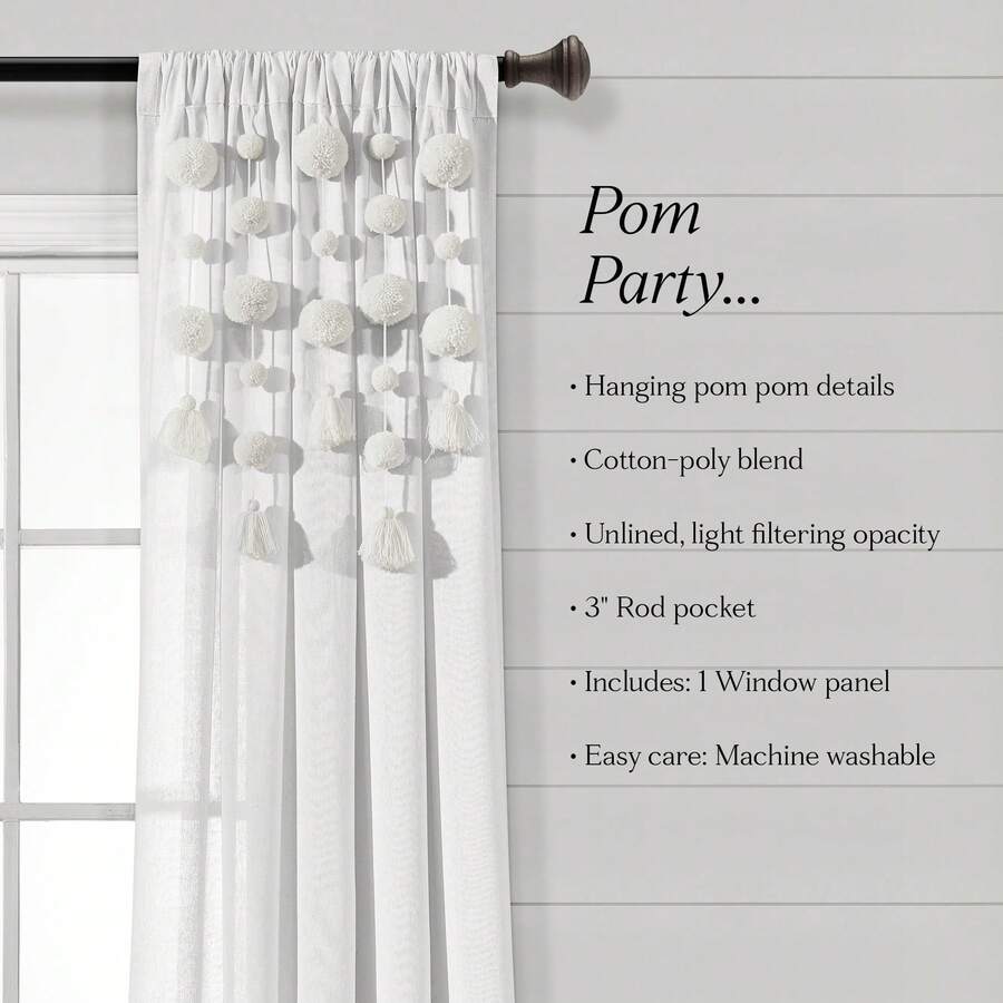 LUSH DECOR Boho Pom Pom Tassel Linen Window Curtain Panel Navy Single 52X84 Halloween-Fall Decor-Room Decor - Off White - 查看 1