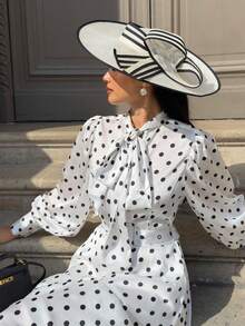 波尔卡圆点系带蝴蝶结泡泡袖轻便连衣裙，腰带，黑白波尔卡圆点，适合派对和婚礼 - 白色 - 查看 3