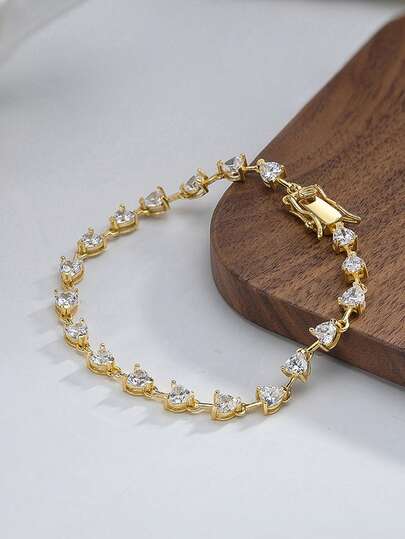 1pc Radiant 925 Sterling Silver Tennis Chain Bracelet With Beautiful Triangle-Cut Zirconia, This Effortlessly Chic Chain Features A Fashionable Triangle-Cut Zirconia In Lustrous 925 Sterling Silver, Its Radiant Sparkle And Elegant Design Make It A Perfect Accessory For Adding Glamour To Any Outfit, Ideal For Romantic Celebrations Or Special Gifts