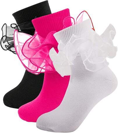 TendenciaCalcetines de encaje doble para niñas, calcetines de algodón con volantes, calcetines de vestir para niñas pequeñasCalidad premium