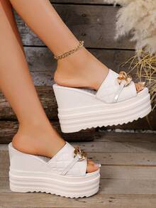 女士厚底坡跟凉鞋，12 厘米厚底系带超高跟防水坡跟拖鞋，黑色露趾鞋