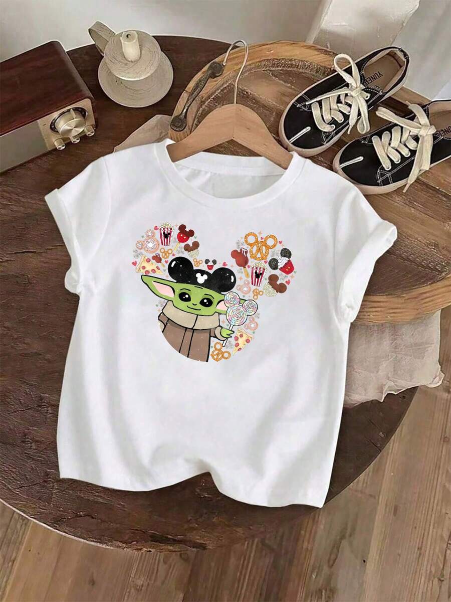 Women's Disney Print Round Neck Cotton T-Shirt - Cute Baby Yoda Design, Casual Style, Soft & Breathable, Perfect For Summer,  & Comfortable, Ideal Gift For Disney Fans