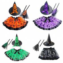 3pcs Halloween Witch Hat, Magic Broom, Bat Skirt Party Costume Set, Orange Pumpkin, Witch, Bat, Skull Print Skirt, Skirt Length 30cm, Suitable For Halloween, Carnival, Day Of The Dead, Evening Party Accessories - Multicolor - View 3