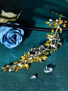 1pc Handmade Bridal Headband With Crystal Alloy Hair Clip, Women's Jewelry Hair Accessory Suitable For Holiday Gifts, Wedding Celebration, Vacation, Prom - Gold - View 4