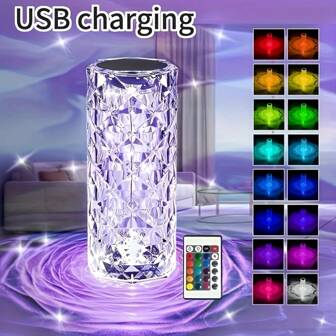 مصباح ذو 16 لون، تحكم باللمس RGB + جهاز تحكم عن بُعد، قابل للشحن عبر USB، قابل للتعديل في السطوع واللون، مناسب للمنزل وغرفة النوم وغرفة المعيشة وغرفة الطعام والحفلات والأعراس والأجواء الرومانسية والهدايا