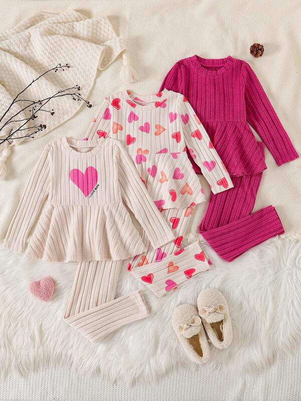 6pcs/Set Young Girls Heart Print Solid Color Patchwork Long Sleeve Crew Neck Top + Slim Fit Fleece Pants Set