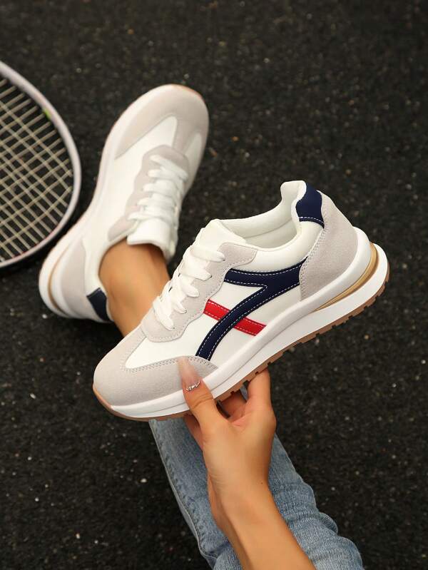 Women's Modern Fashion Sneakers, Color Block Patchwork Geometric Pattern Design Athleisure Sneakers, Sports, Fitness, Vacation, Casual Couple Chunky Shoes, Anti-Slip Shock Absorbing Comfortable Running Shoes
