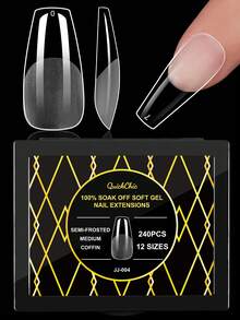 240pcs Press-On Nail Stickers, Full Coverage Fake Nails, Square, Almond, Pointed, Coffin Shapes, Transparent, Glossy, Suitable For Salon And Home Use, Square Gel Manicure, Nail Extension Kit - Clear - View 14