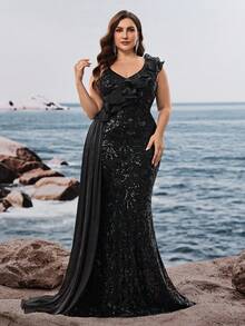Vestido de noche de lentejuelas con volantes de sirena formal de BluePlum, vestido de fiesta elegante de longitud hasta el piso con cuello en V para damas, vestido de gala vintage con bordados y parches brillantes, vestido de boda modesto y elegante sin mangas para invitados