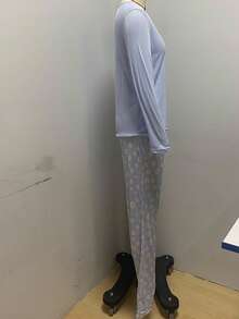 Mirano Slogan Print Short Sleeve Top & Cherry Pattern Long Pants Pajama Set - Blue - View 4