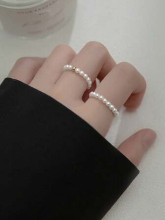 2pcs Vintage High-End Plain Circle Faux Pearl Rings, Unique Niche Delicate Luxury Sweet Midi Rings, Fashion Versatile, Women's Fashionable Elegant Luxury Gold Pearl Faux Pearl Ring Set Accessories