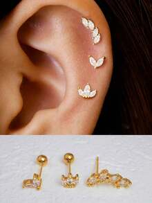 3 件锆石耳钉可叠戴耳环，适合女士，14K 镀金不锈钢 CZ 耳钉，耳轮前耳钉，耳屏耳甲，方晶锆石穿孔首饰，适合女士