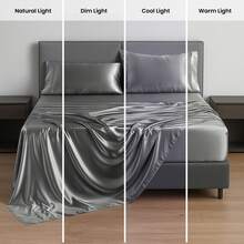 Lux Decor 4-Piece Satin Sheet Set, Silky Soft Polyester Bed Sheets With Deep Pocket Fitted Sheet, Breathable Cooling And Refreshing Bedding, Soft Touch, Washable Bed Linen For Home, Bedroom And Guest Room - 深灰色 - 查看 7