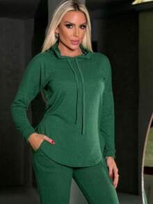 Women's Lanzinha Set, Blouse And Pants, Simple Casual, Knitted Fabric, Pocket, , Home, Night, Street - 綠色 - 查看 2