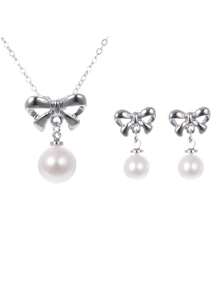 新品珠宝热销蝴蝶结珍珠吊坠项链耳环优雅套装，公主风格珠宝套装，适合作为生日礼物、节日礼物、返校佩戴