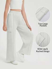 EXARUS 3-Pack  Girls' Workwear Wide-Leg Pants New Style Cool Street Loose Pants Elastic Waistband Solid Color Multi-Pocket Straight Casual Pants Suitable For 6-14 Years Old - 黑色+白麻灰+深麻灰 - 查看 3