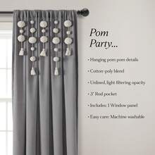 LUSH DECOR Boho Pom Pom Tassel Linen Window Curtain Panel Navy Single 52X84 Halloween-Fall Decor-Room Decor - Dark Gray - 查看 1