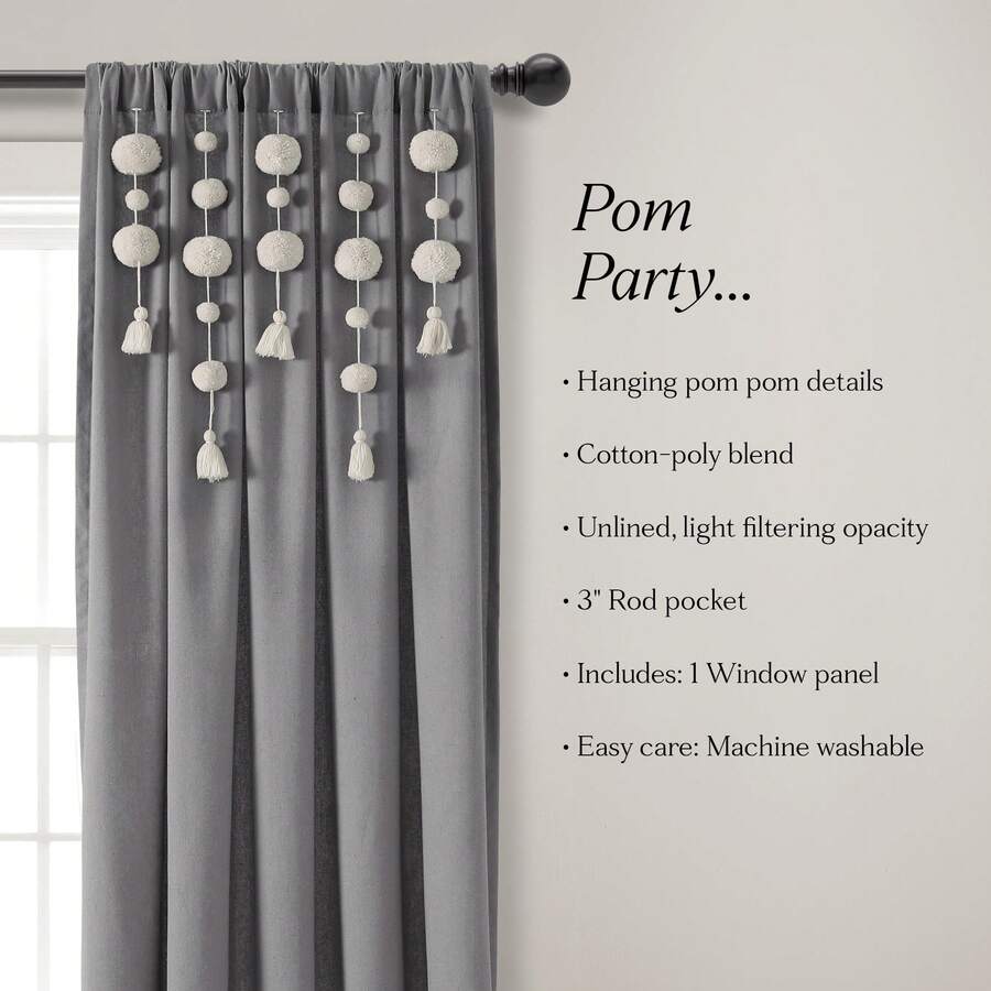 LUSH DECOR Boho Pom Pom Tassel Linen Window Curtain Panel Navy Single 52X84 Halloween-Fall Decor-Room Decor - Dark Gray - 查看 1