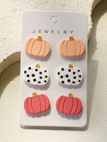 3 Pairs/Set Halloween Cute Pumpkin Acrylic Stud Earrings For Women, Clay Texture Retro Minimalist Versatile Holiday Party Gift
