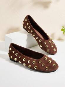 Fall/Winter Basic Cute Studded Office Casual Round Toe Rivet Decor Suede Flat Ballet Flats - Brown - View 1